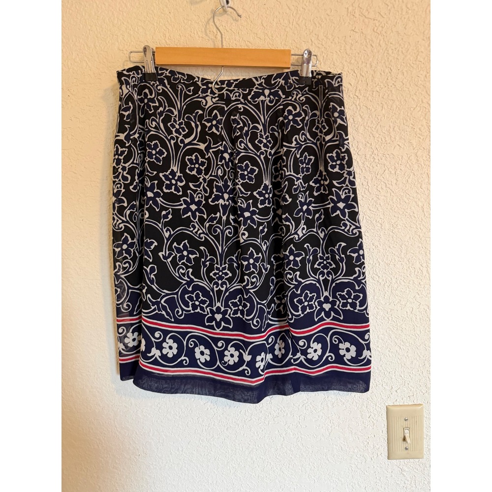 Harolds Vintage Navy Blue Floral Scroll Rayon Knee Length Skirt Womens 14 USA